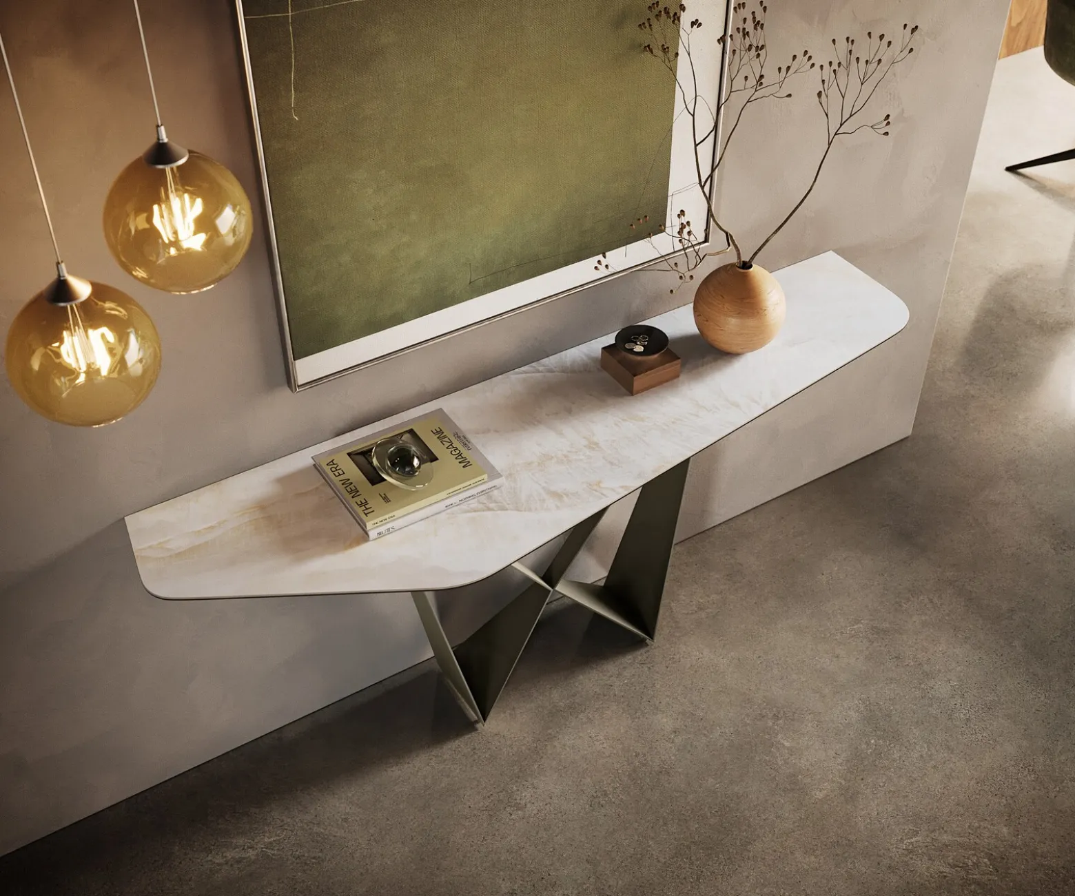 KonsolentischEdge Polygonal 180x50 cm Keramik Onyx Pearl Spios Metall Effektfinish Titan Sofort versandfertig