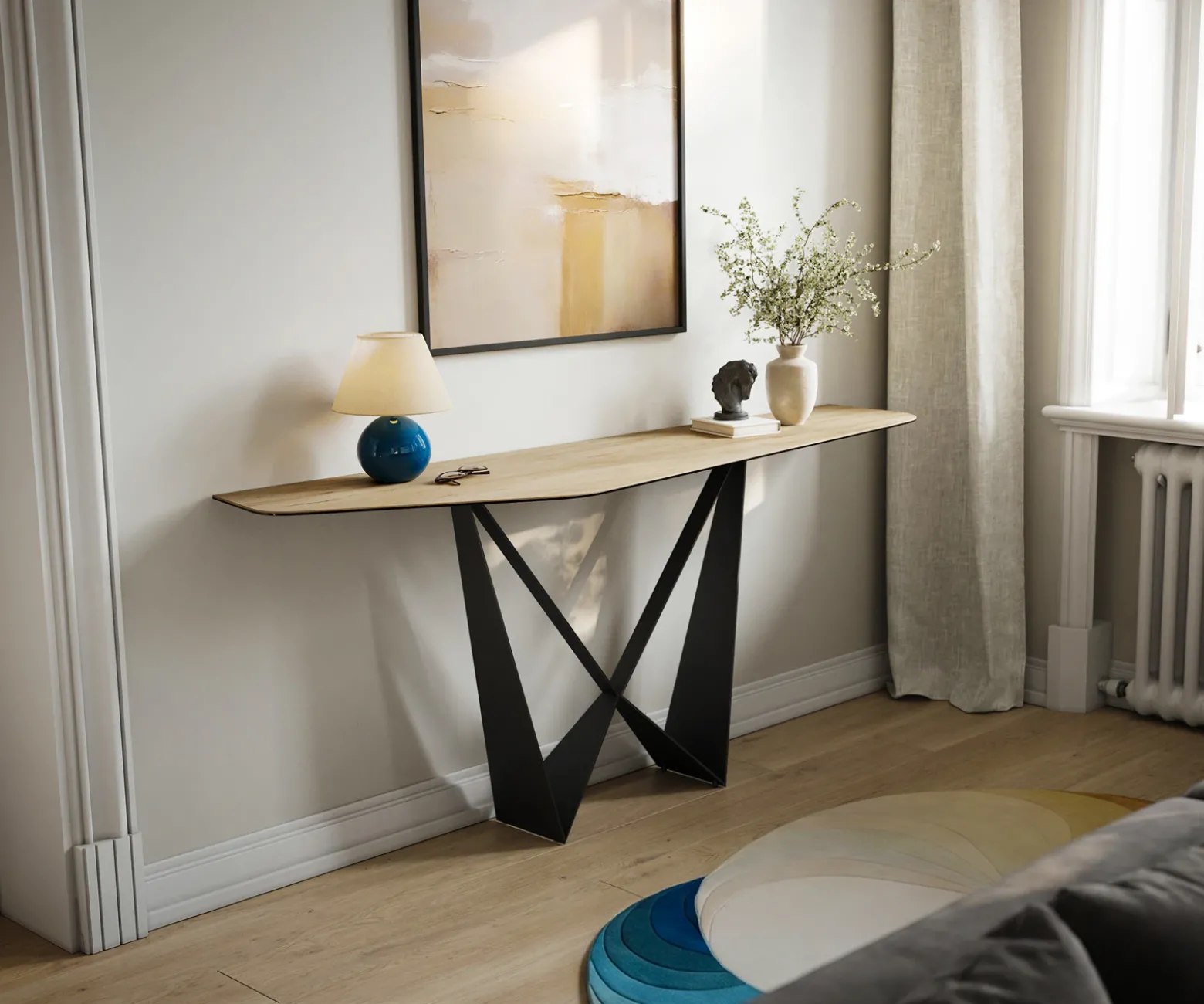 KonsolentischEdge Polygonal 180x50 cm Keramik Laminam® Sabbia Eichefarbig Spios Metall Schwarz Sofort versandfertig