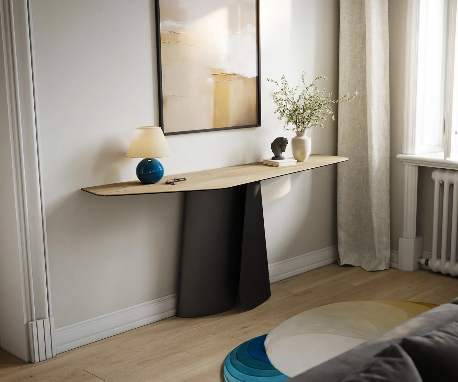 KonsolentischEdge Polygonal 180x50 cm Keramik Laminam® Sabbia Eichefarbig Livos Metall Schwarz Sofort versandfertig