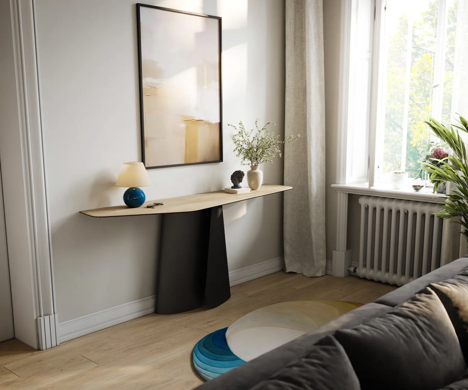 KonsolentischEdge Polygonal 180x50 cm Keramik Laminam® Sabbia Eichefarbig Livos Metall Schwarz Sofort versandfertig
