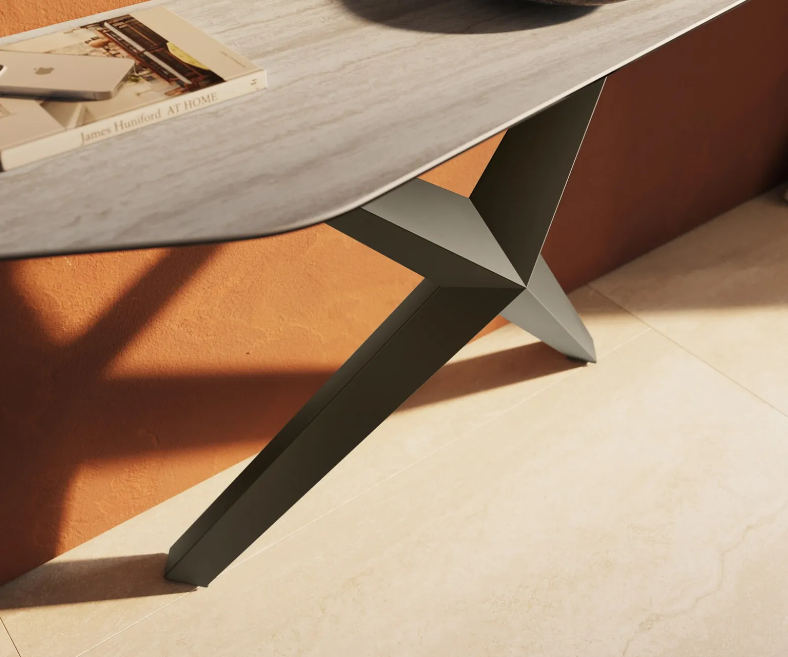 KonsolentischEdge Polygonal 180x50 cm Keramik Laminam® Travertino Bianco Creme-Weiß Zentharo Metall Effektfinish Titan Sofort versandfertig