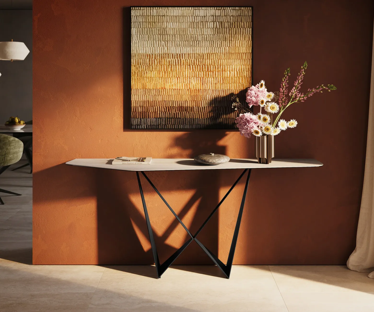 KonsolentischEdge Polygonal 180x50 cm Keramik Laminam® Travertino Bianco Creme-Weiß Spios Metall Schwarz Sofort versandfertig