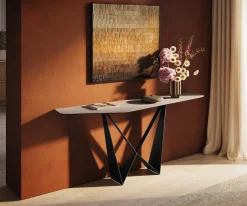 KonsolentischEdge Polygonal 180x50 cm Keramik Laminam® Travertino Bianco Creme-Weiß Spios Metall Schwarz Sofort versandfertig