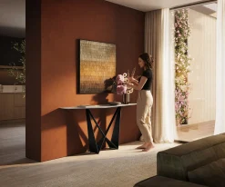 KonsolentischEdge Polygonal 180x50 cm Keramik Laminam® Travertino Bianco Creme-Weiß Spios Metall Schwarz Sofort versandfertig
