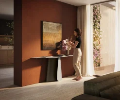 KonsolentischEdge Polygonal 180x50 cm Keramik Laminam® Travertino Bianco Creme-Weiß Livos Metall Effektfinish Titan Sofort versandfertig