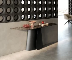 KonsolentischEdge Polygonal 180x50 cm Keramik Emperador Extra Lucidato Dunkelbraun Livos Metall Schwarz Sofort versandfertig