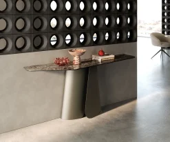 KonsolentischEdge Polygonal 180x50 cm Keramik Emperador Extra Lucidato Dunkelbraun Livos Metall Effektfinish Titan Sofort versandfertig