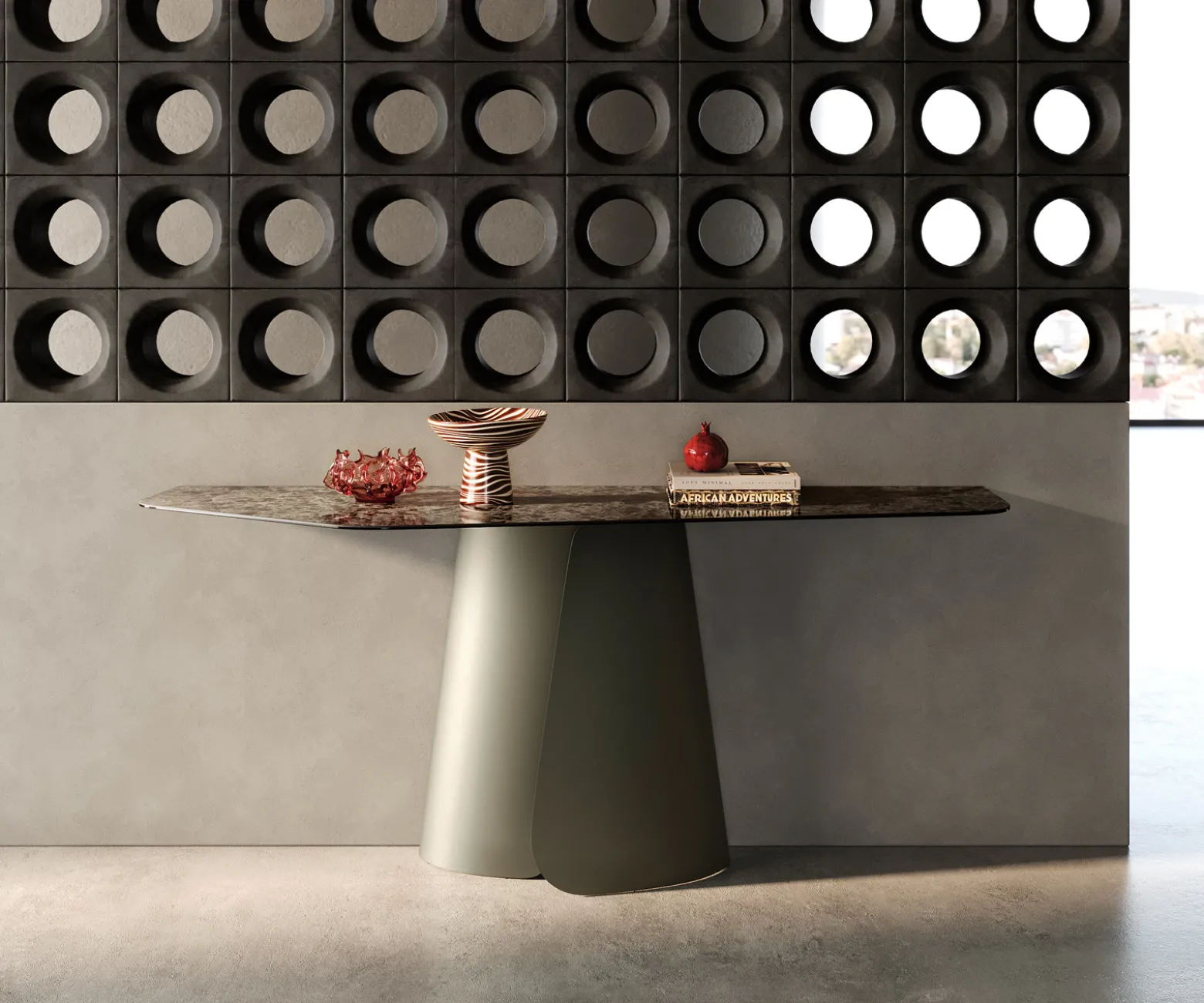 KonsolentischEdge Polygonal 180x50 cm Keramik Emperador Extra Lucidato Dunkelbraun Livos Metall Effektfinish Titan Sofort versandfertig