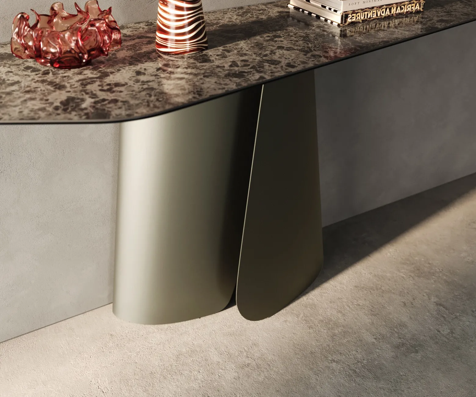 KonsolentischEdge Polygonal 180x50 cm Keramik Emperador Extra Lucidato Dunkelbraun Livos Metall Effektfinish Titan Sofort versandfertig