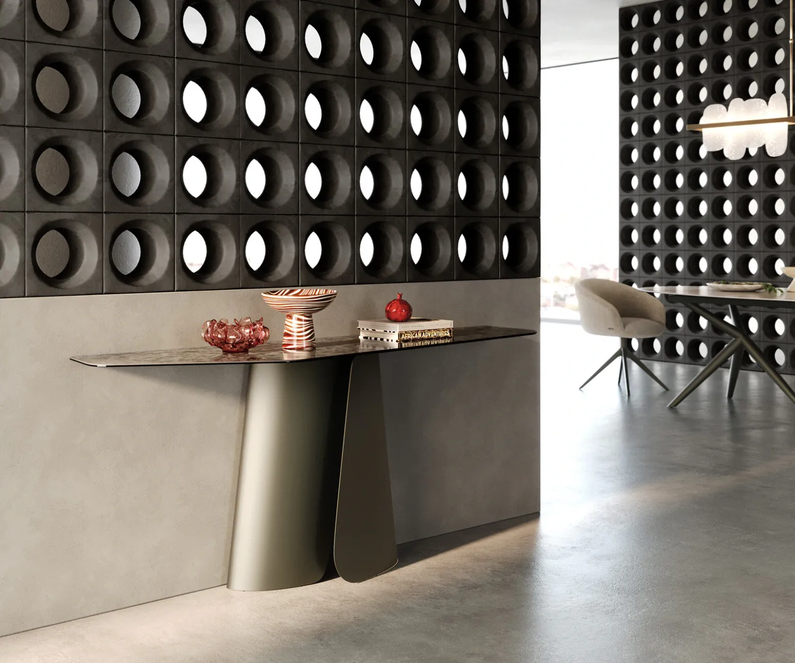 KonsolentischEdge Polygonal 180x50 cm Keramik Emperador Extra Lucidato Dunkelbraun Livos Metall Effektfinish Titan Sofort versandfertig
