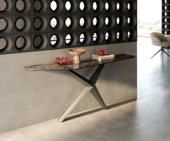 KonsolentischEdge Polygonal 180x50 cm Keramik Emperador Extra Lucidato Dunkelbraun Zentharo Metall Effektfinish Titan Sofort versandfertig