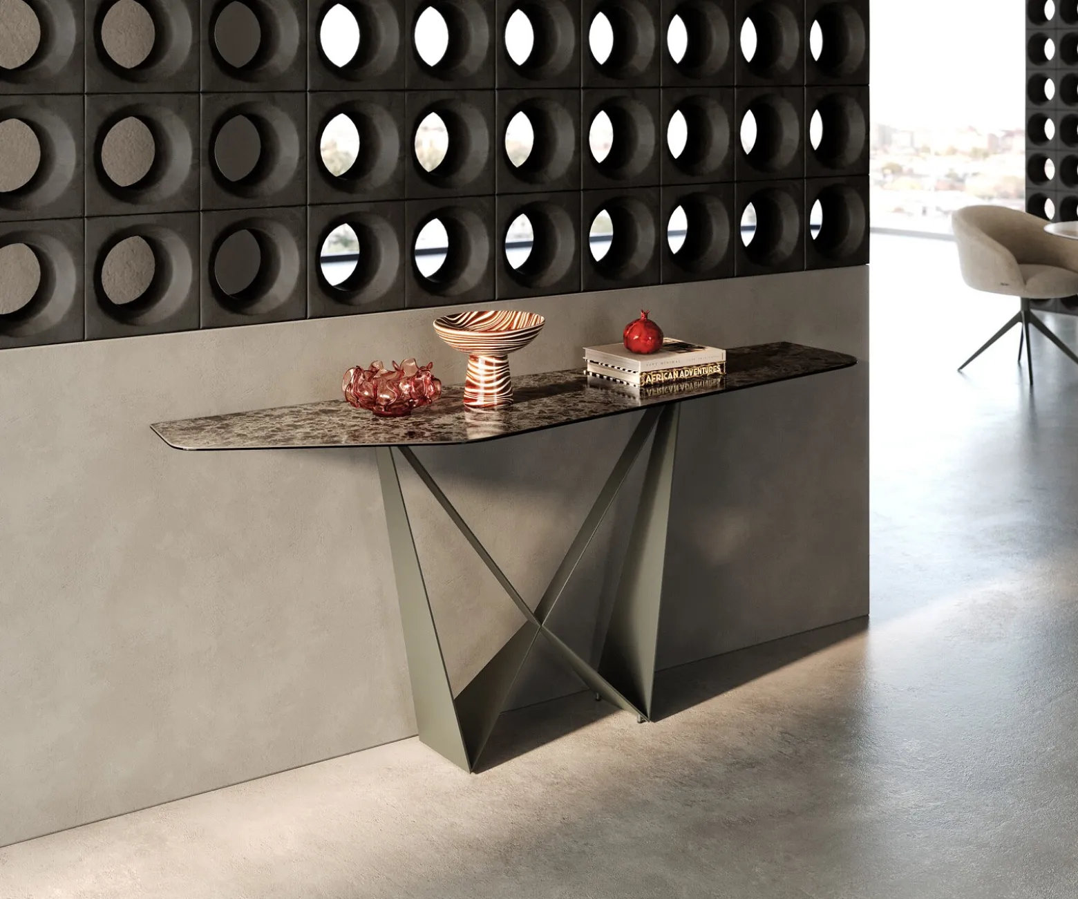 KonsolentischEdge Polygonal 180x50 cm Keramik Emperador Extra Lucidato Dunkelbraun Spios Metall Effektfinish Titan Sofort versandfertig