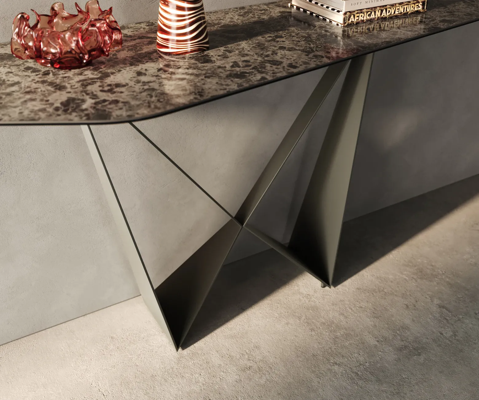 KonsolentischEdge Polygonal 180x50 cm Keramik Emperador Extra Lucidato Dunkelbraun Spios Metall Effektfinish Titan Sofort versandfertig