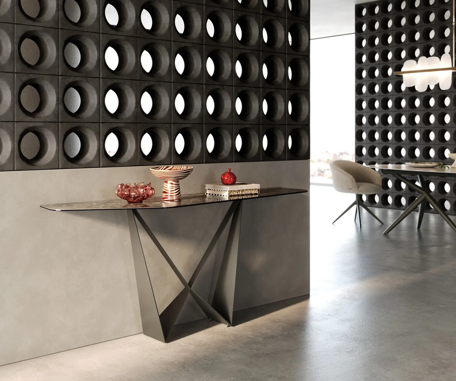 KonsolentischEdge Polygonal 180x50 cm Keramik Emperador Extra Lucidato Dunkelbraun Spios Metall Effektfinish Titan Sofort versandfertig