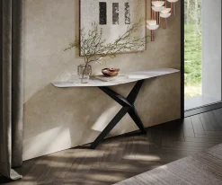 KonsolentischEdge Polygonal 180x50 cm Keramik Laminam® Statuarietto Weiß Zentharo Metall Schwarz Versandfertig ca. 06.01.27