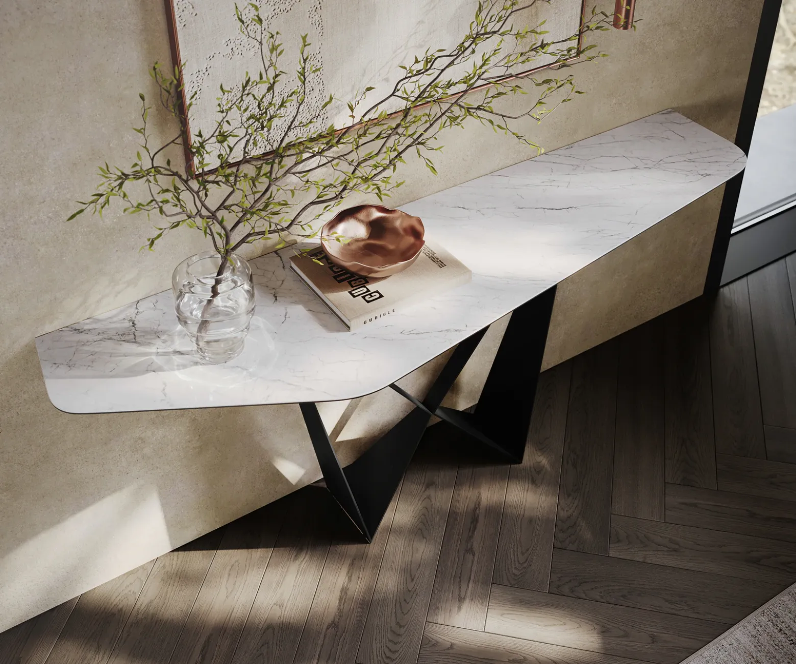 KonsolentischEdge Polygonal 180x50 cm Keramik Laminam® Statuarietto Weiß Spios Metall Schwarz Versandfertig ca. 06.01.27