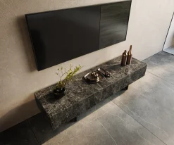 LowboardCuor 150 cm Keramik Emperador Extra Lucidato Dunkelbraun 1 Klappe 1 Schubfach Fuß Schwebeoptik Metall Schwarz Sofort versandfertig