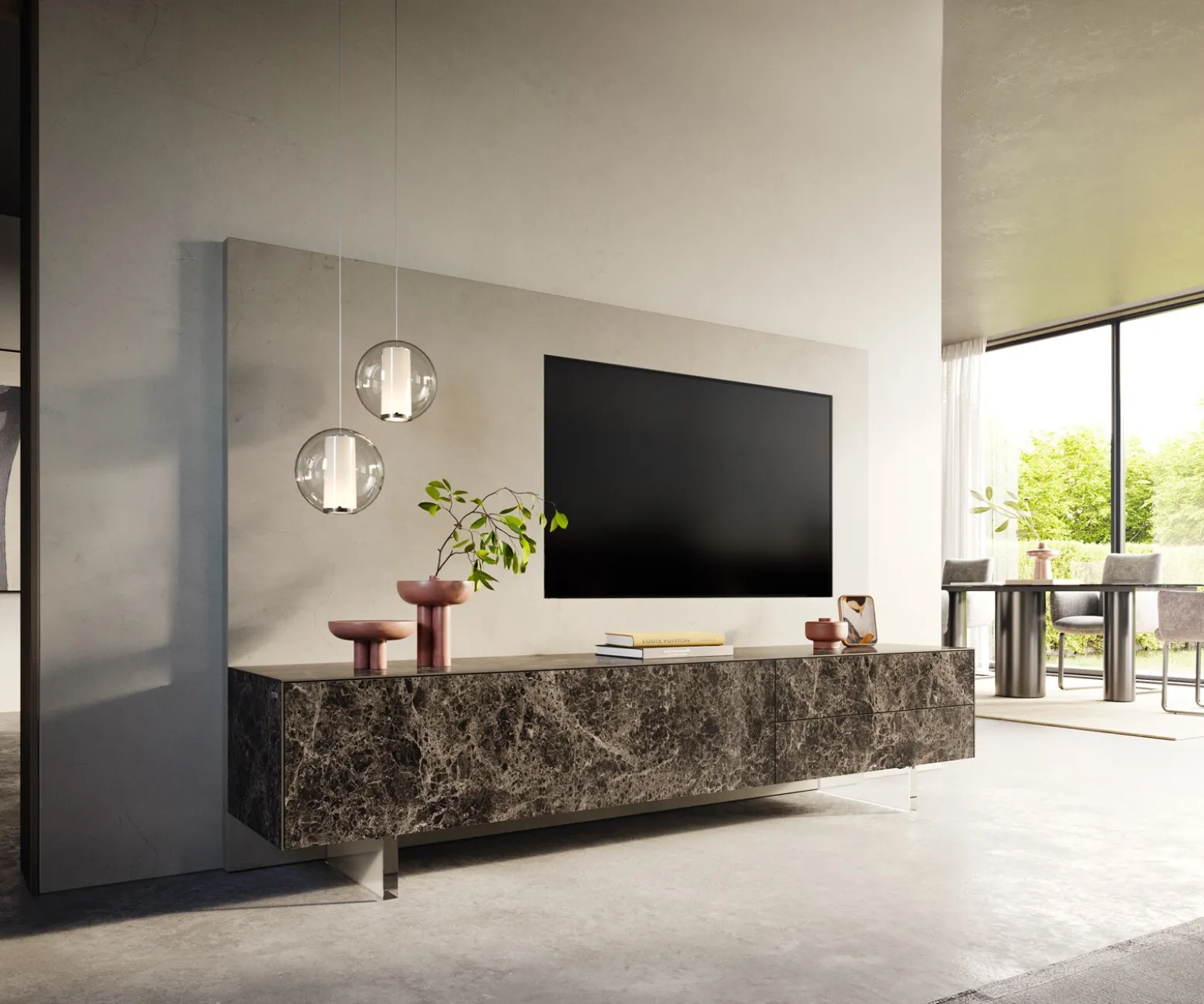 LowboardCuor 220 cm Keramik Emperador Extra Lucidato Dunkelbraun 1 Klappe 2 Schubfächer Fuß Schwebeoptik Acrylglas Sofort versandfertig