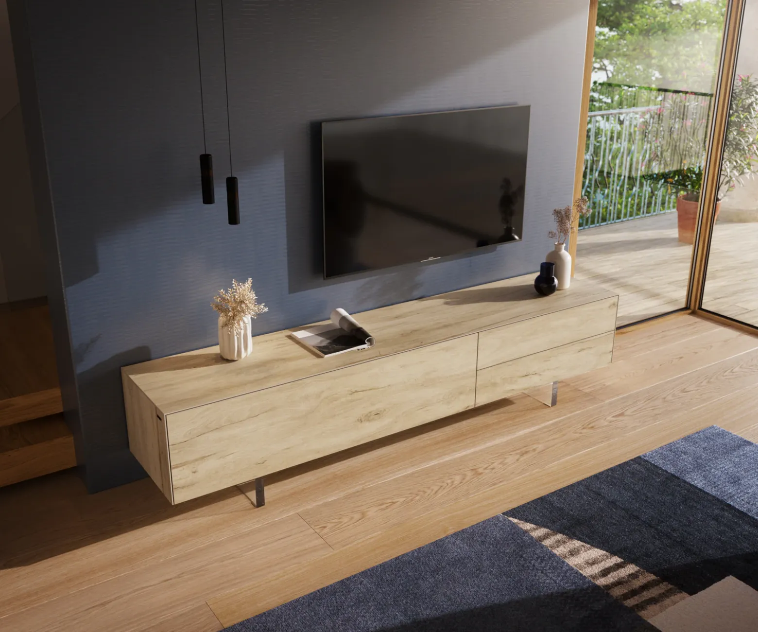 LowboardCuor 220 cm Keramik Laminam® Sabbia Eichefarbig 1 Klappe 2 Schubfächer Fuß Schwebeoptik Acrylglas Sofort versandfertig