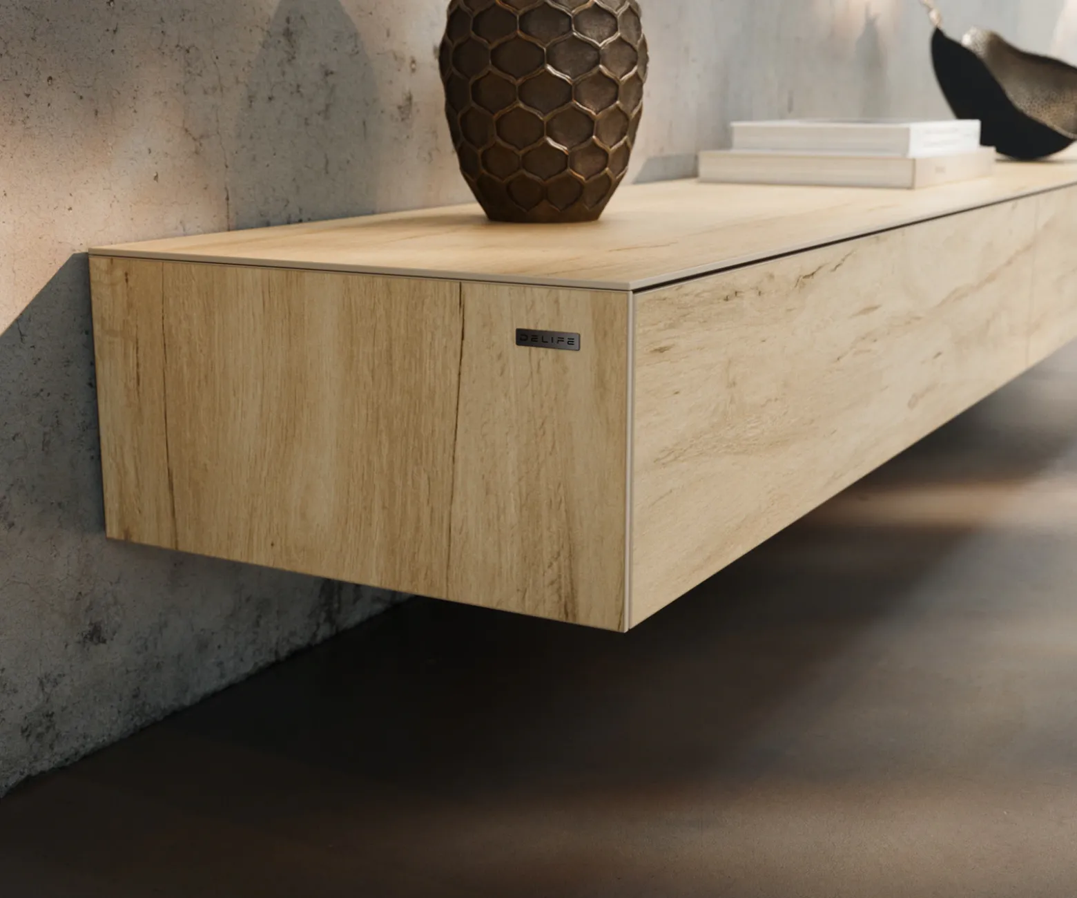 LowboardCuor 250 cm Keramik Laminam® Sabbia Eichefarbig 1 Klappe 1 Schubfach Schwebend Sofort versandfertig