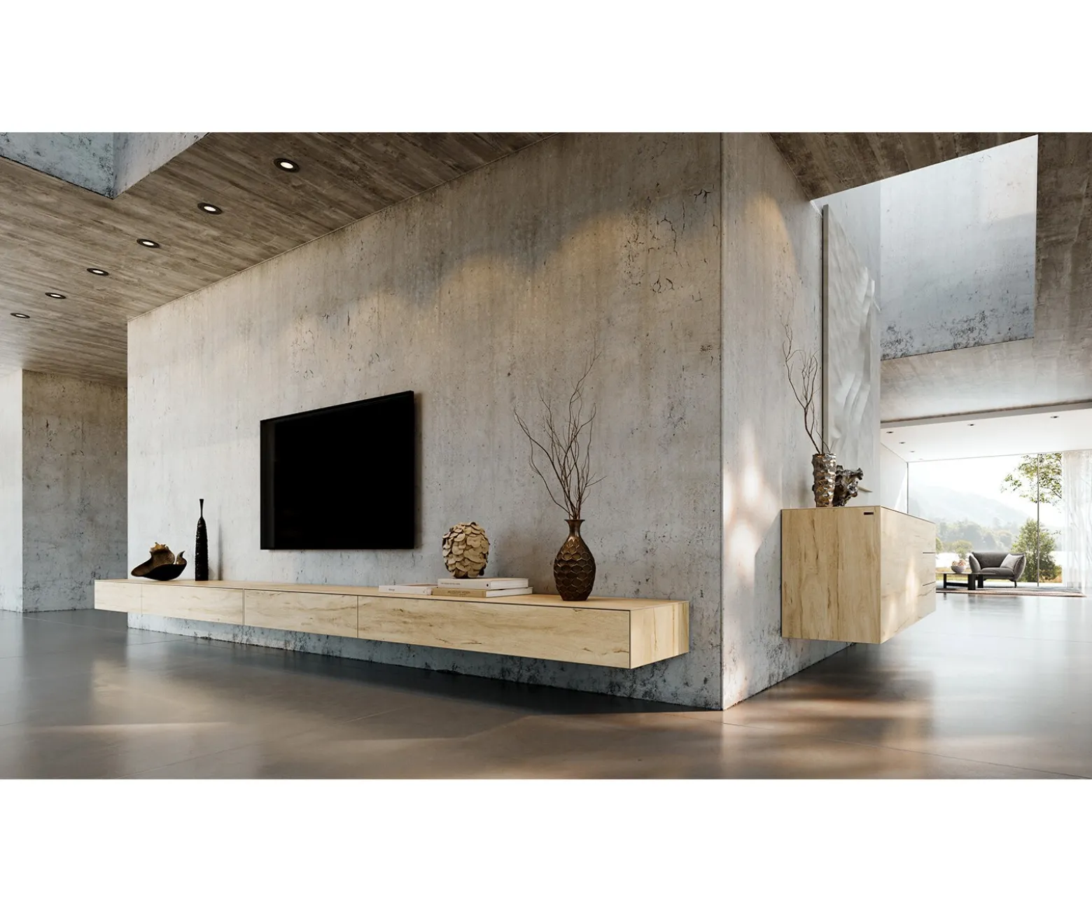LowboardCuor 250 cm Keramik Laminam® Sabbia Eichefarbig 1 Klappe 1 Schubfach Schwebend Sofort versandfertig