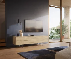 LowboardCuor 180 cm Keramik Laminam® Sabbia Eichefarbig 1 Klappe 2 Schubfächer Fuß Schwebeoptik Acrylglas Sofort versandfertig