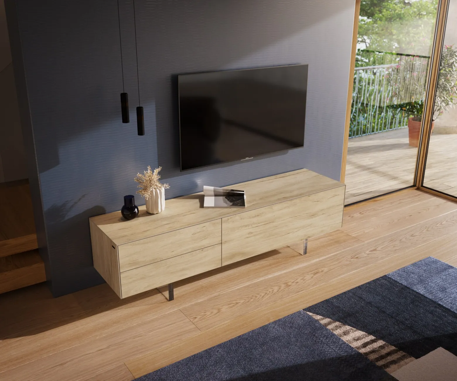 LowboardCuor 180 cm Keramik Laminam® Sabbia Eichefarbig 1 Klappe 2 Schubfächer Fuß Schwebeoptik Acrylglas Sofort versandfertig