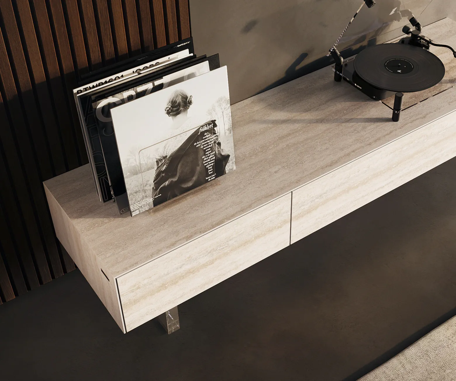LowboardCuor 150 cm Keramik Laminam® Travertino Bianco Creme-Weiß 1 Klappe 1 Schubfach Fuß Schwebeoptik Acrylglas Versandfertig ca. 02.10.26