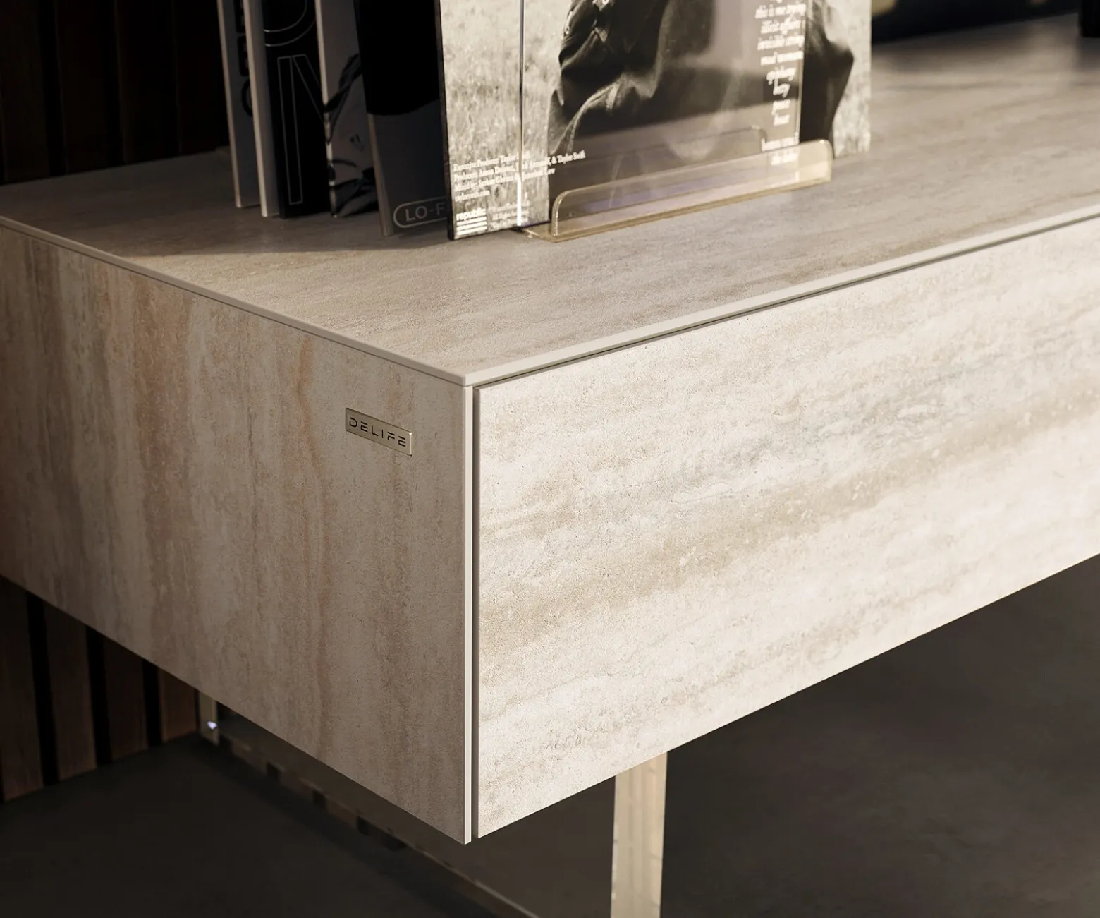 LowboardCuor 150 cm Keramik Laminam® Travertino Bianco Creme-Weiß 1 Klappe 1 Schubfach Fuß Schwebeoptik Acrylglas Versandfertig ca. 02.10.26