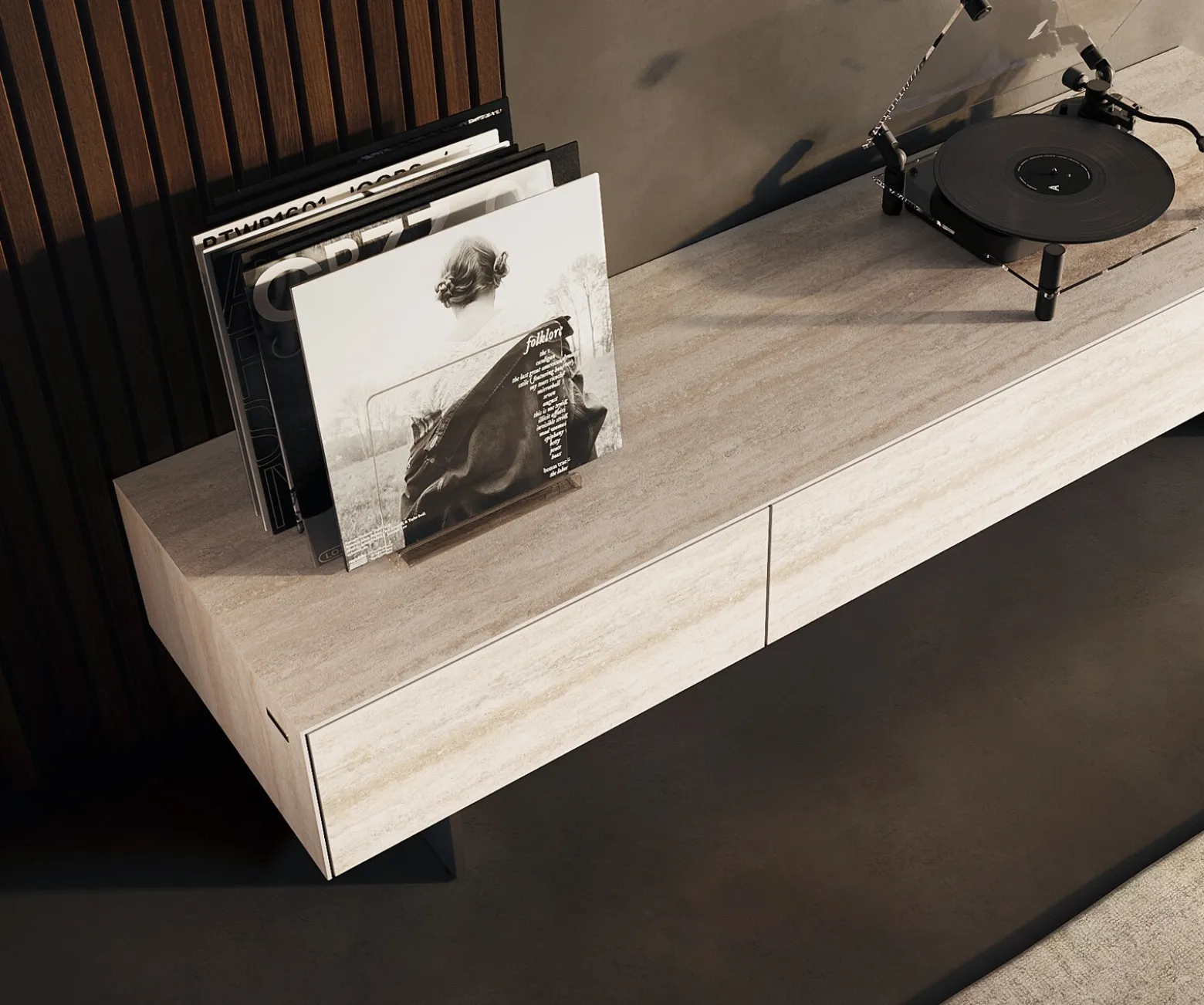 LowboardCuor 150 cm Keramik Laminam® Travertino Bianco Creme-Weiß 1 Klappe 1 Schubfach Fuß Schwebeoptik Edelstahl Versandfertig ca. 02.10.26