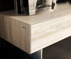 LowboardCuor 150 cm Keramik Laminam® Travertino Bianco Creme-Weiß 1 Klappe 1 Schubfach Fuß Schwebeoptik Edelstahl Versandfertig ca. 02.10.26