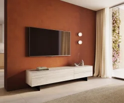 LowboardCuor 220 cm Keramik Laminam® Travertino Bianco Creme-Weiß 1 Klappe 2 Schubfächer Fuß Schwebeoptik Metall Schwarz Sofort versandfertig