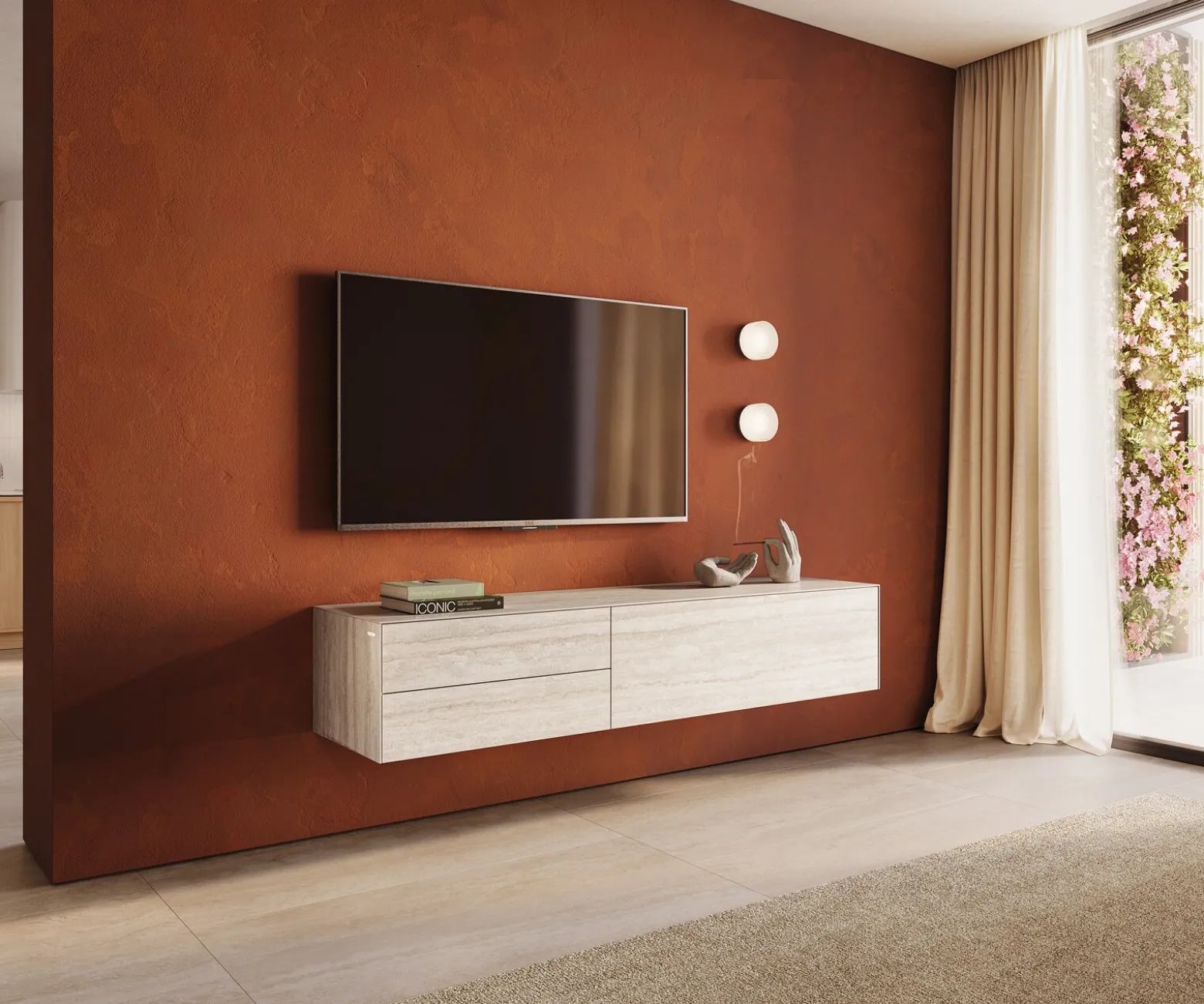 LowboardCuor 180 cm Keramik Laminam® Travertino Bianco Creme-Weiß 1 Klappe 2 Schubfächer Schwebend Sofort versandfertig