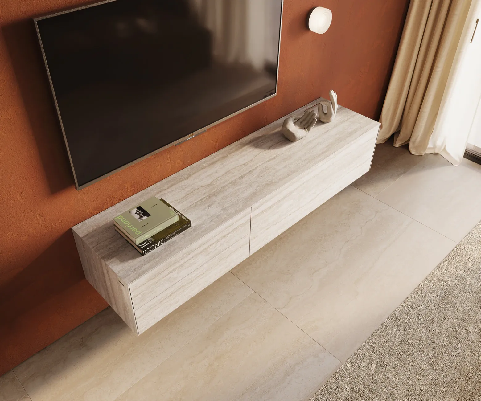 LowboardCuor 180 cm Keramik Laminam® Travertino Bianco Creme-Weiß 1 Klappe 2 Schubfächer Schwebend Sofort versandfertig