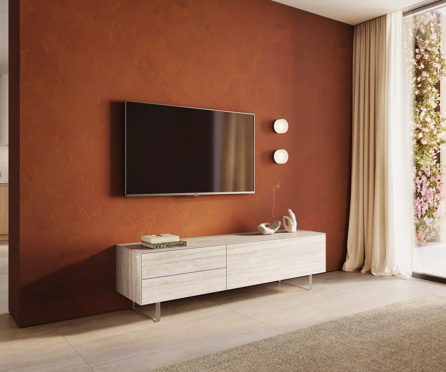 LowboardCuor 180 cm Keramik Laminam® Travertino Bianco Creme-Weiß 1 Klappe 2 Schubfächer Fuß Schwebeoptik Acrylglas Sofort versandfertig