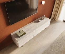 LowboardCuor 180 cm Keramik Laminam® Travertino Bianco Creme-Weiß 1 Klappe 2 Schubfächer Fuß Schwebeoptik Acrylglas Sofort versandfertig