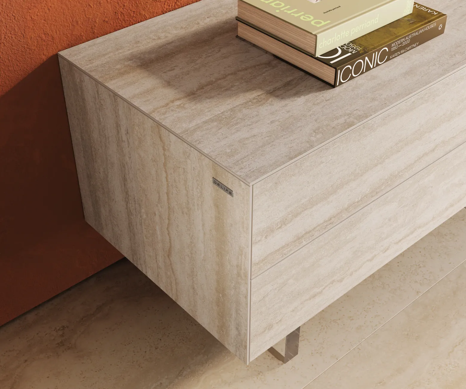 LowboardCuor 180 cm Keramik Laminam® Travertino Bianco Creme-Weiß 1 Klappe 2 Schubfächer Fuß Schwebeoptik Acrylglas Sofort versandfertig