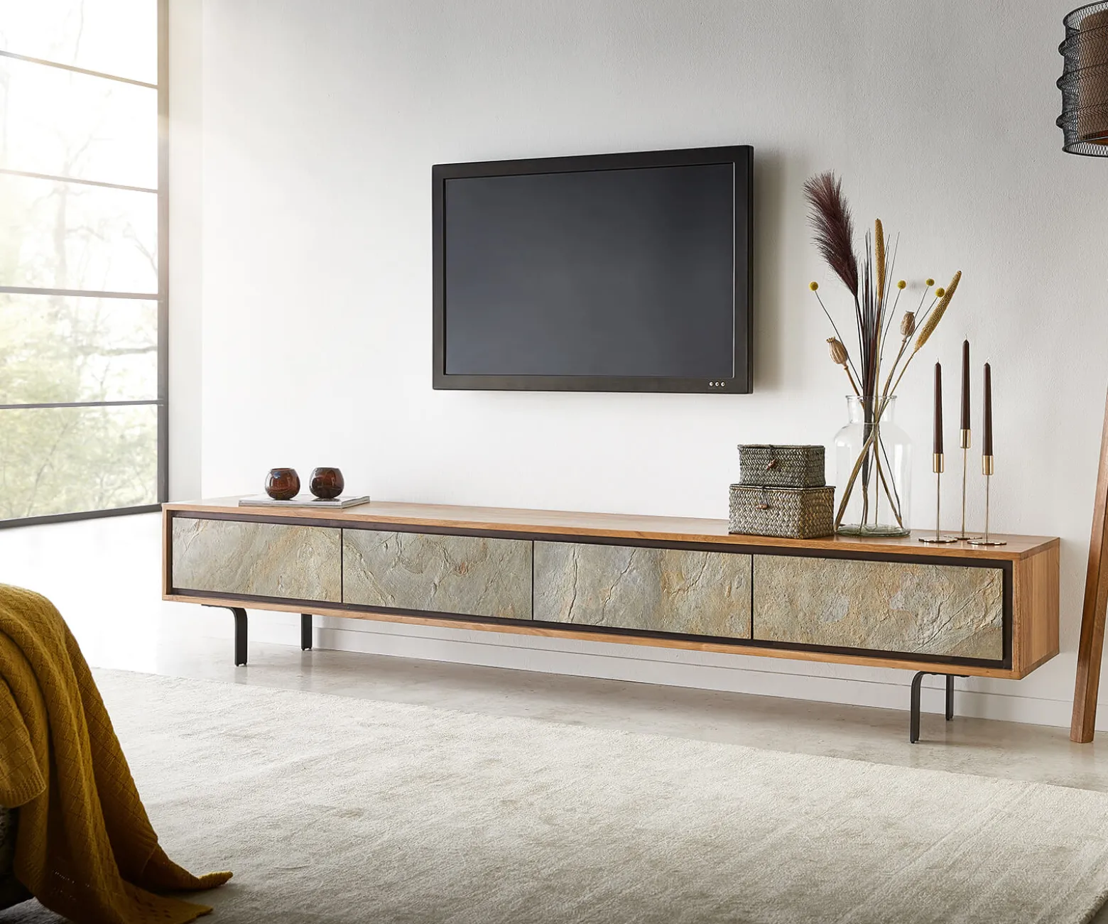 LowboardJuwelo 220 cm Akazie Natur mit Steinfurnier 4 Türen Sofort versandfertig