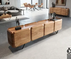 LowboardKiano 220 cm Akazie Natur 4 Türen V-Fuß Schwarz Raumteiler Sofort versandfertig