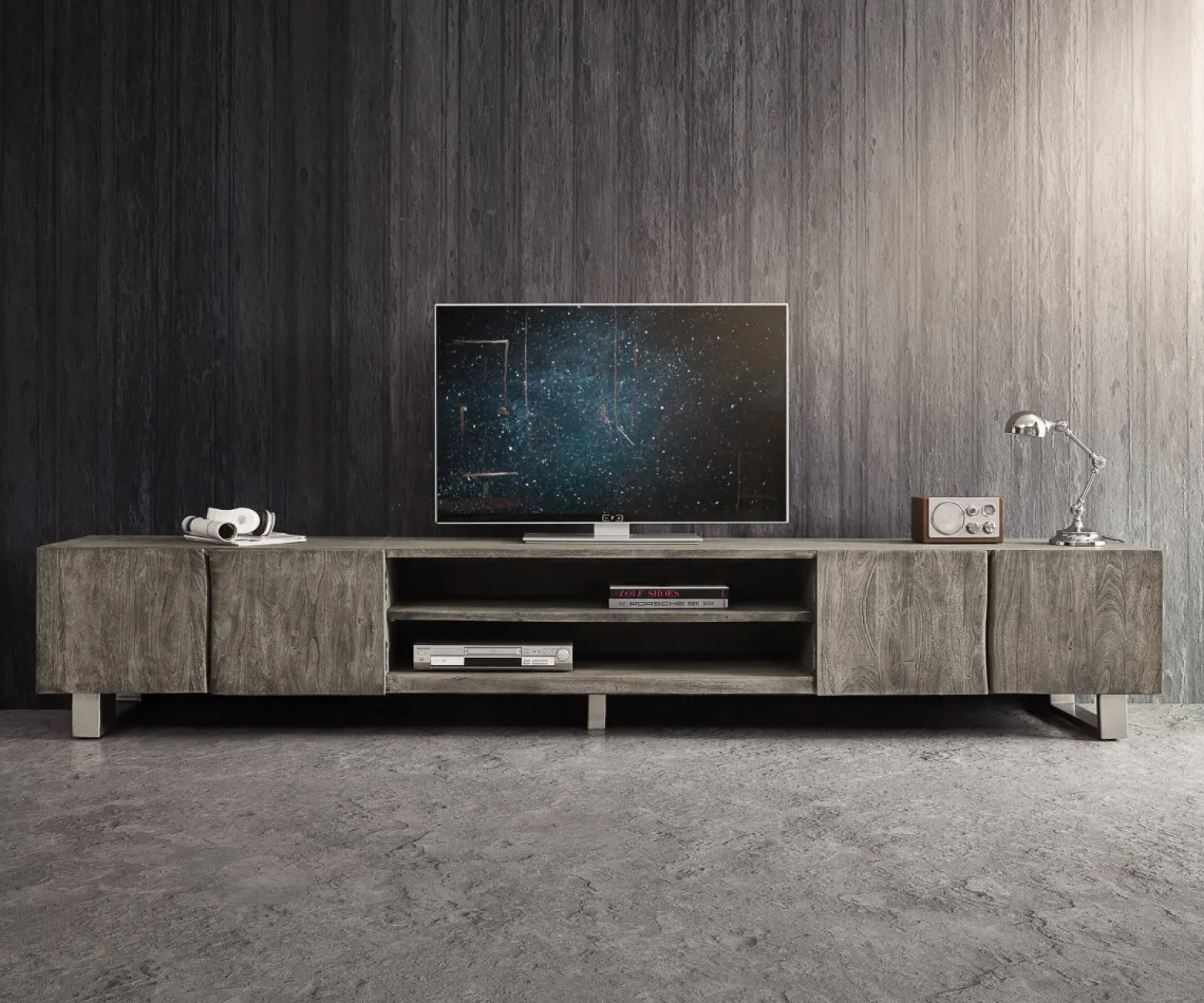 LowboardLive-Edge 300 cm Akazie Platin 4 Türen 2 Fächer Sofort versandfertig