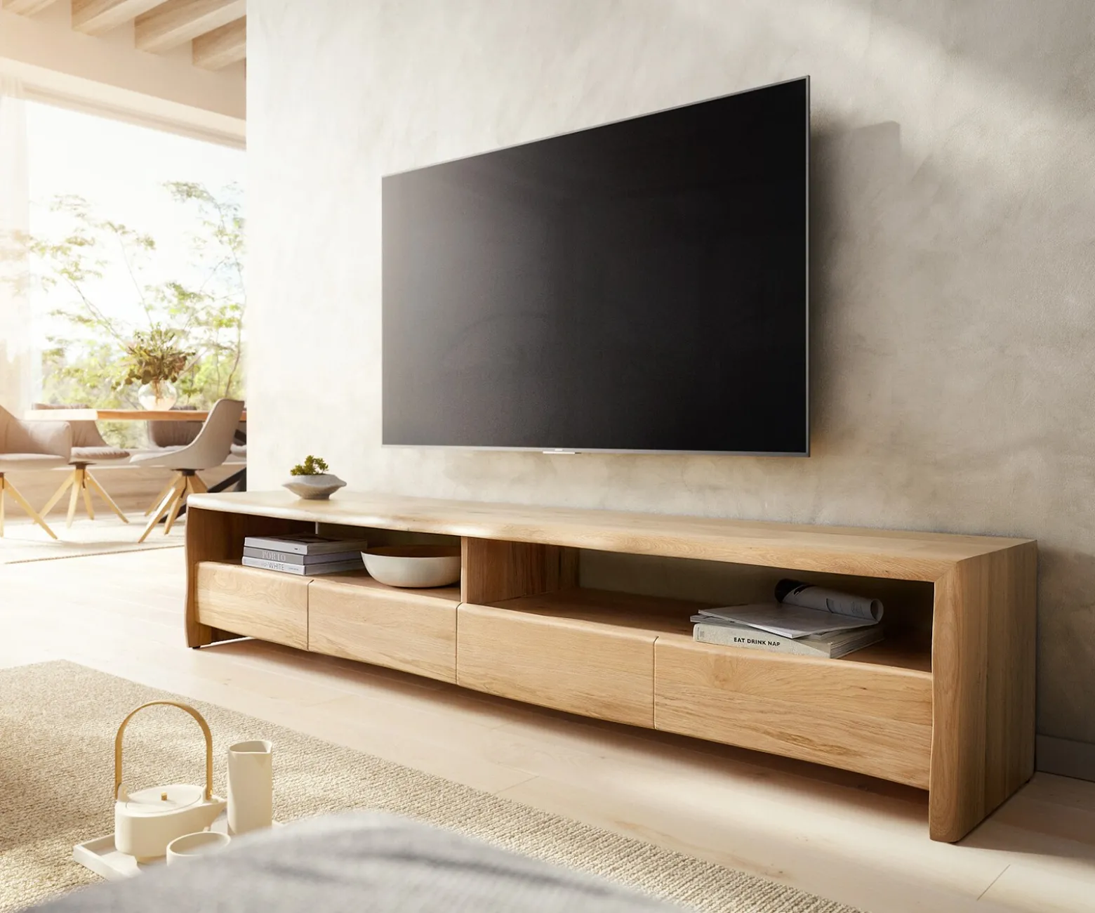 LowboardLive-Edge 230 cm Eiche Natur 4 Schübe Massiv Baumkante Sofort versandfertig