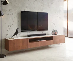 LowboardSecara 220 cm Akazie Braun 2 Türen 2 Schübe Marmor schwebend Versandfertig ca. 07.11.26