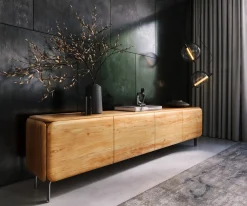 LowboardShavani 220 cm Akazie Natur 4 Türen L-Fuß Edelstahl Silber Versandfertig ca. 07.11.26