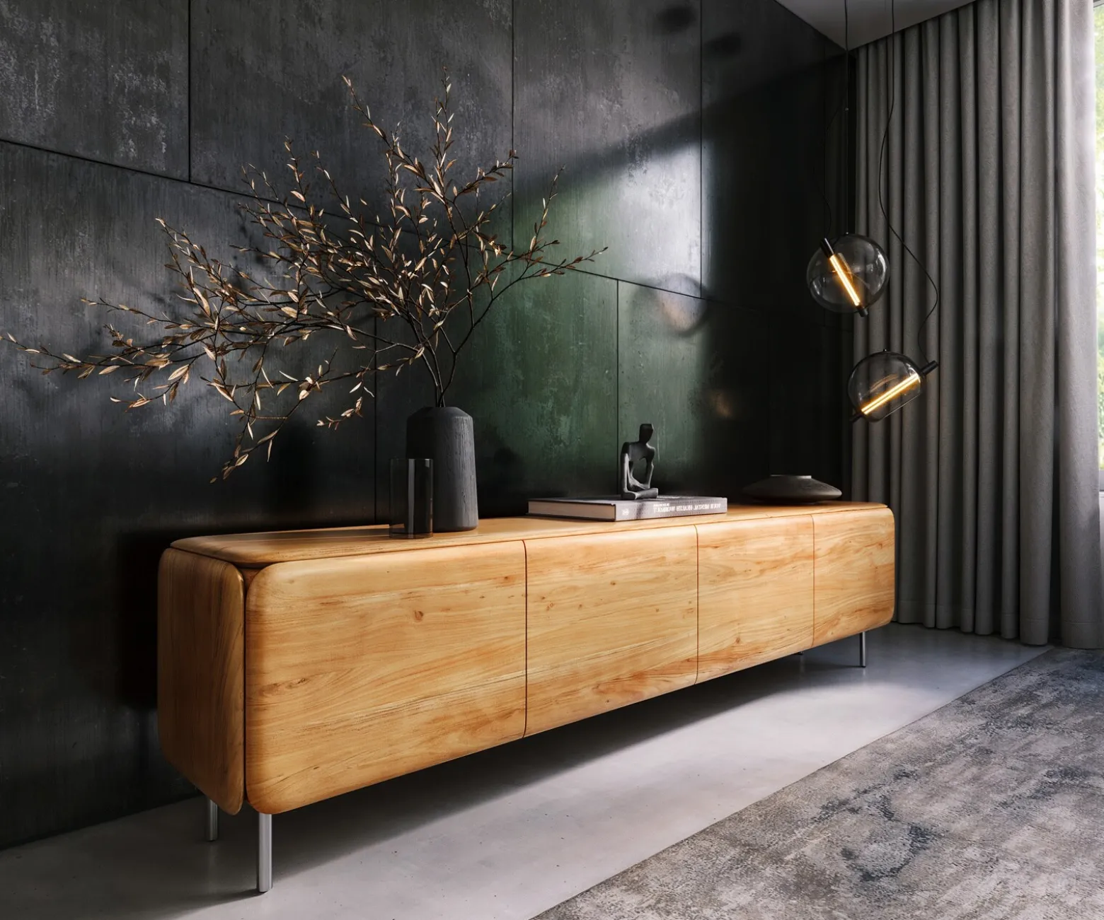 LowboardShavani 220 cm Akazie Natur 4 Türen Rundfuß Edelstahl Silber Versandfertig ca. 07.11.26