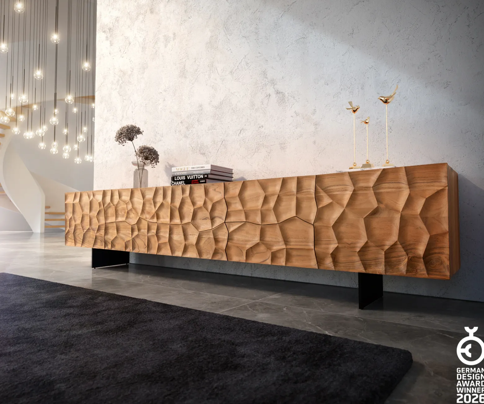 LowboardSolu 260 cm Akazie Natur 2 Türen 6 Schübe Fuß schwebend Metall Schwarz 3D-Front Sofort versandfertig