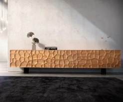 LowboardSolu 260 cm Akazie Natur 2 Türen 6 Schübe Fuß schwebend Metall Schwarz 3D-Front Sofort versandfertig