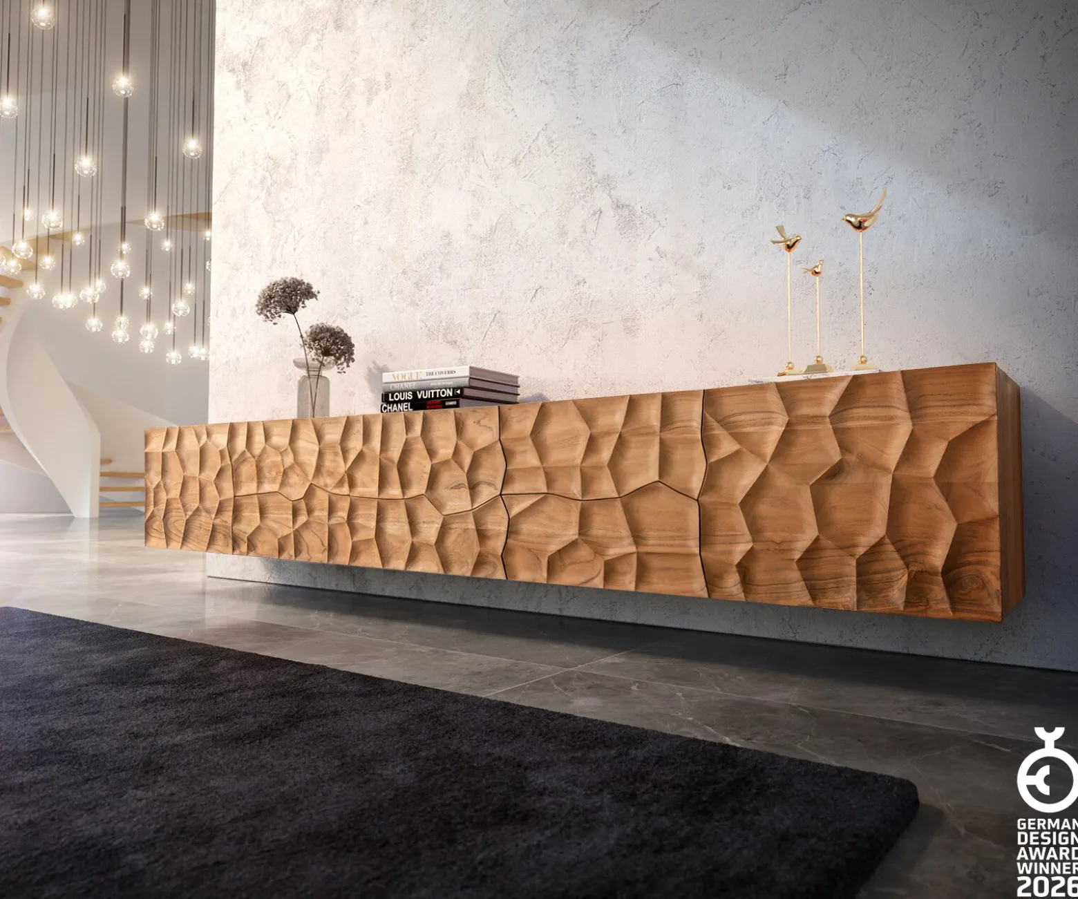 LowboardSolu 260 cm Akazie Natur 2 Türen 6 Schübe schwebend 3D-Front Sofort versandfertig