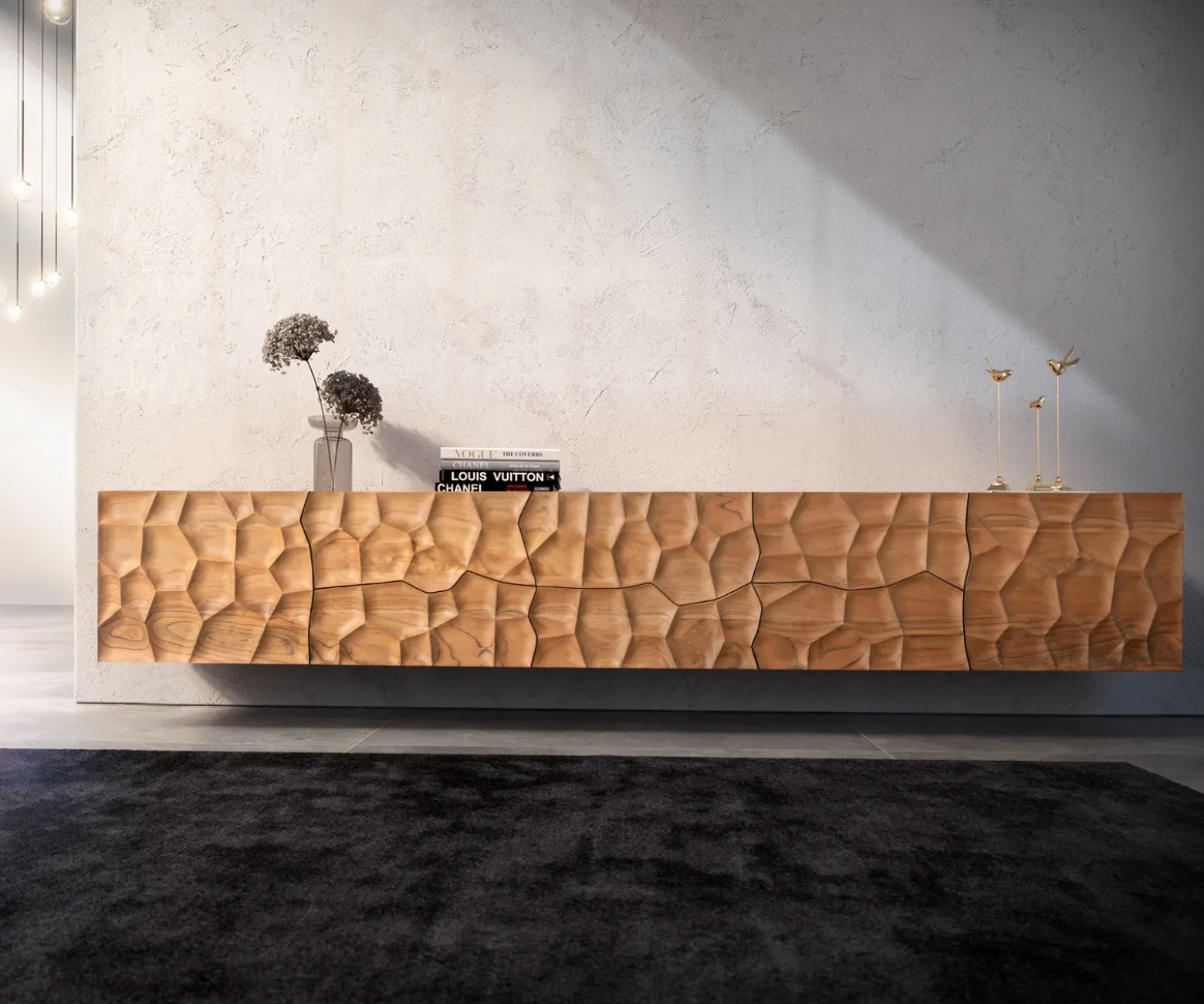 LowboardSolu 260 cm Akazie Natur 2 Türen 6 Schübe schwebend 3D-Front Sofort versandfertig