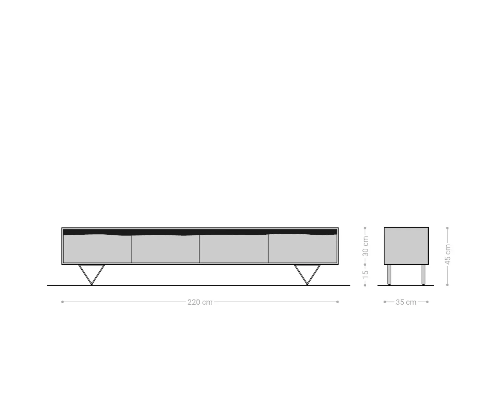 LowboardStonegrace 220 cm Akazie Braun Baumkante 4 Türen V-Fuß Schwarz Sofort versandfertig