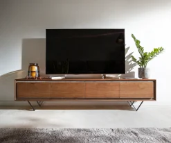 LowboardStonegrace 200 cm Akazie Braun Steinfurnier 4 Türen V-Fuß Schwarz Sofort versandfertig